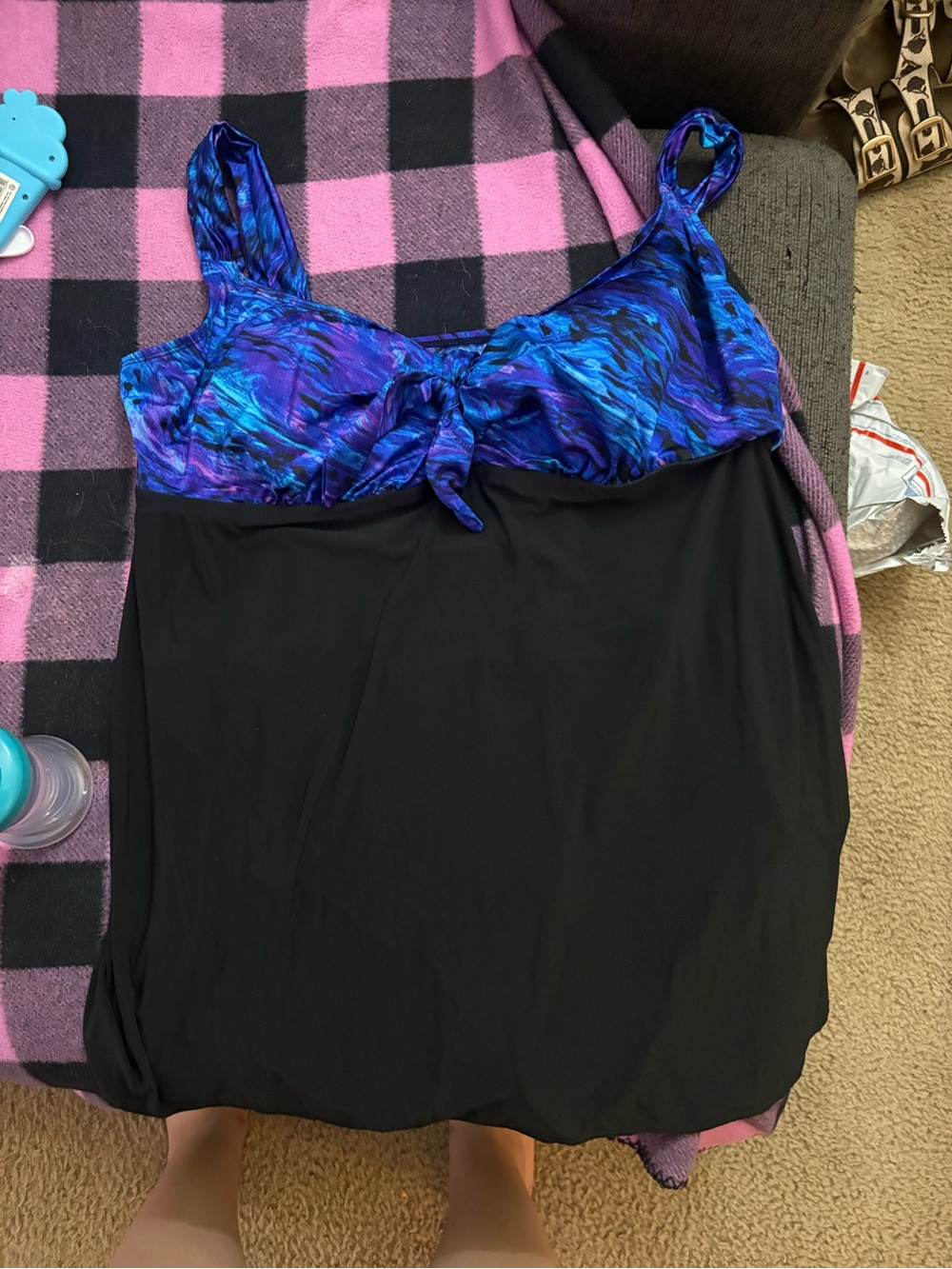 Kohl's Black One-Piece Swimdress with Blue Purple Printed Bust